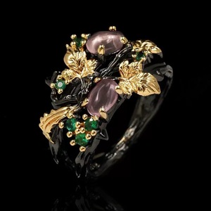 Anello Vintage Bicolore con Foglie e Cristalli, Anelli Floreali in Oro Nero con Gemme Incastonate, Gioielli Botanici Retrò per Donne - Product Image 1