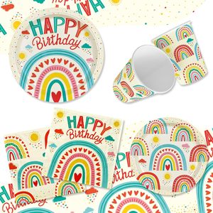 Ensemble de fournitures pour fête d'anniversaire sur le thème de l'arc-en-ciel rétro - Assiettes en papier jetables, gobelets, serviettes, nappe et bannière d'anniversaire - Product Image 2