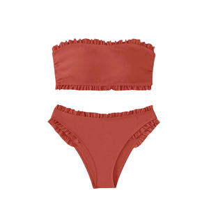 Maillot de bain deux pièces sexy sans bretelles à nouer, couleur unie, à volants, style bandeau, collection européenne et américaine, en promotion - Product Image 6