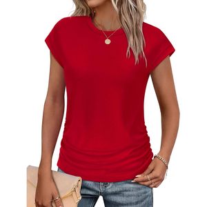Women's Red <b>Cap</b> <b>Sleeve</b> T-Shirt With Side Ruching Regular Fit Jersey Fabric Spring Casual <b>Top</b> 2XL - Product Image 1