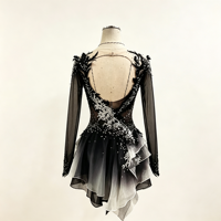 Costume de patinage artistique à manches longues, dégradé noir et blanc, dentelle florale 3D, strass, jupe à volants, robe de danse sur glace, sur mesure OEM ODM