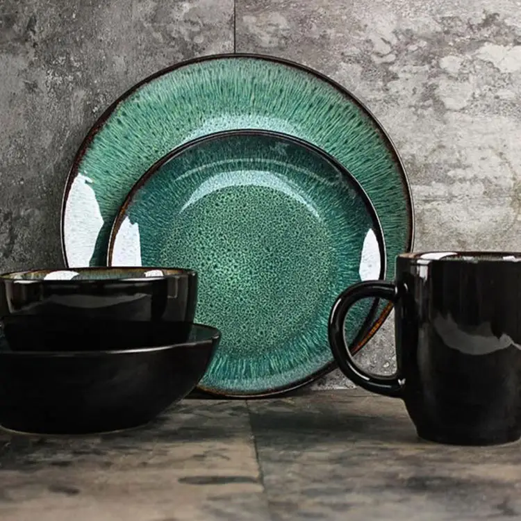 Juego de vajilla rústica antigua, juego de vajilla de cerámica esmaltada reactiva, Color mate verde, azul y negro, venta al por mayor
