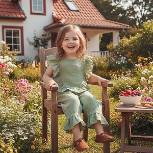 Completo Minimalista in Mussola per <span class=keywords><strong>Bambina</strong></span> 6 12 <span class=keywords><strong>18</strong></span> 24 <span class=keywords><strong>Mesi</strong></span> 2T 3T 4T, Top Estivo con Volant e Pantaloni in Lino - Product Image 4