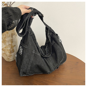Sac fourre-tout en jean bleu uni vintage avec fermeture à bouton pour les filles coréennes et les étudiantes - Utilisation quotidienne et voyage - Product Image 4