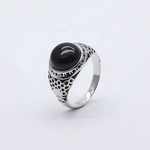 银色男士戒指配高光天然黑色玛瑙锆石男士火鸡结婚戒指饰品