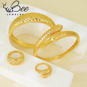 Nouveaux bijoux de mariée plaqués or 21 carats, ensemble de bagues et bracelets ouverts vintage plaqués or pour femmes de Dubaï, bijoux de fête de mariage - Product Image 6