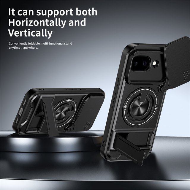 Hybrid PC+TPU Armor Ring Slide Window Lens Protect Camera Phone Case for Google Pixel 10A 10 Pro XL Magnetic Kickstand Cover