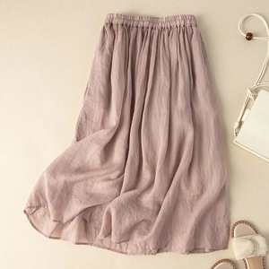 <b>Elastic</b> Waist Midi <b>Skirt</b> Cotton Linen Straight Minimalist Women's Breathable Solid Color Hip Concealing Mid Length - Product Image 2