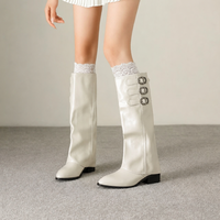 Bottes hautes souples pour femmes à bout pointu, talon carré, triple boucle, style western, blanches