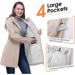 Veste Softshell à capuche pour femme, doublée polaire, imperméable, longue, isolante, chaude, zippée, coupe-vent, pour la randonnée en extérieur - Product Image 4