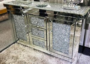 Credenza Moderna di Lusso in Vetro Specchiato Argento con Diamanti Frantumati e MDF, Due Ante, Arredamento per la Casa - Product Image 4