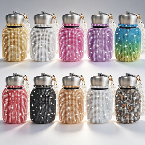 Mini Full Rhinestone Chubby Stainless Steel Vacuum <b>Flask</b> 10oz 300ml Pocket Thermal <b>Bottle</b> Pearl Chain Dual Decor Wholesale - Product Image 1