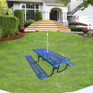 Outdoor Mesh Metal Expanded Steel Table With Benches With Backrest With Umbrella