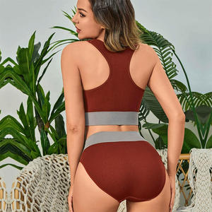사용자 정의 허리 로고 여성 스포츠 패션 편지 인쇄 브래지어 세트 여성 속옷 체육관 요가 스포츠 투피스 브래지어 및 브리프 세트 - Product Image 6