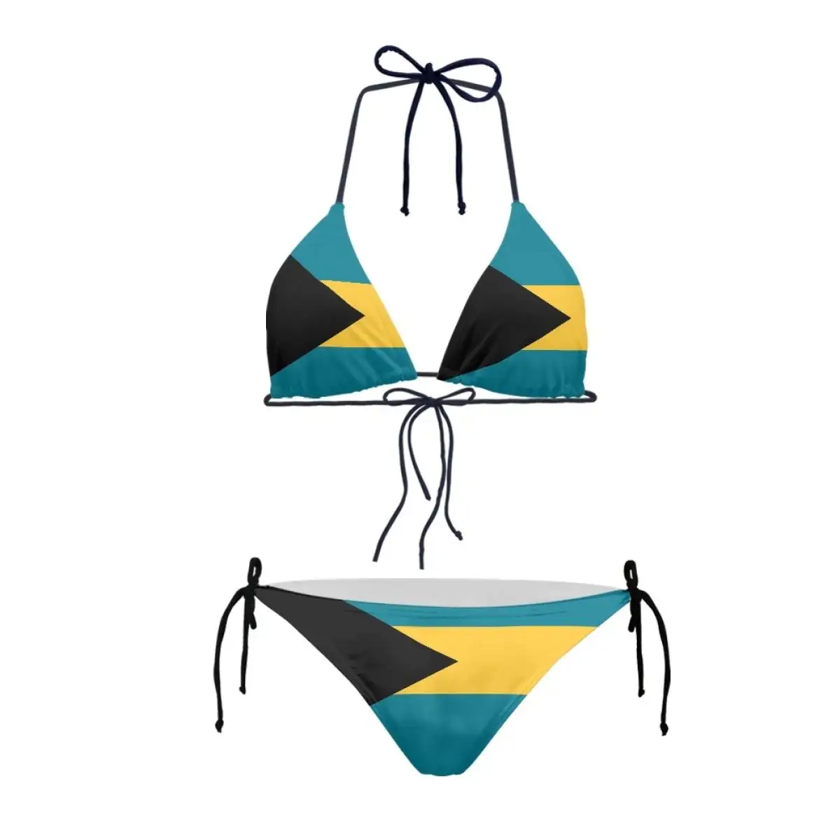 Bikinis personnalisés avec impression du drapeau des Bahamas pour femmes, vente en gros de maillots de bain, bikini sexy pour femmes, cordes à nouer au cou et au dos réglables