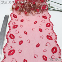 Ruban de dentelle brodée en tulle rouge en forme de cœur de 25 cm, tissu de dentelle brodée en maille, ruban de dentelle motif cœur pour lingerie, couture de la Saint-Valentin
