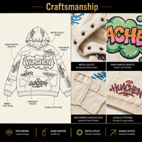 Sweat à capuche épais 480 GSM pour homme, personnalisé avec impression graffiti en relief, patchwork et effet vieilli, style streetwear, fabricant de marque