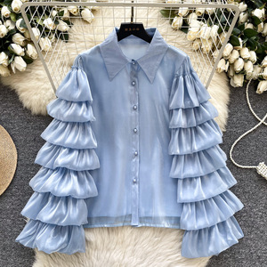 เสื้อเบลาส์แขนยาวระบายหลายชั้น สัมผัสนุ่มหรูหรา ผ้าซาติน แฟชั่นสำหรับผู้หญิง - Product Image 3