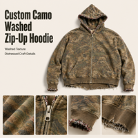 IKDEER Sweat à capuche zippé personnalisé en camouflage intégral, délavé, avec ourlet et poignets bruts, coupe oversize et carrée, vêtement d'extérieur décontracté pour homme