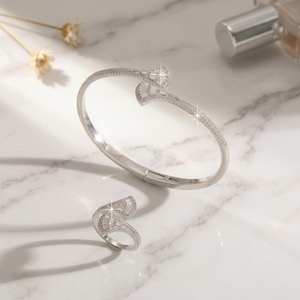 Conjunto de Pulsera y Anillo Abierto de Diseño de <span class=keywords><strong>Abanico</strong></span> de Lujo Ligero con Zirconia, Chapado en Oro de Latón, Unisex, para Parejas, Regalo de Boda y Compromiso - Product Image 3