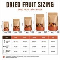 Herbruikbare verpakking van ecologisch verantwoorde staande zakken voor gedroogd fruit, met ziplock sluiting en voedselveilige aluminiumfolie.