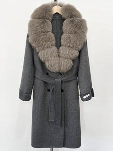Manteau de laine de luxe à la mode avec ceinture gros poignets en fourrure de renard véritable manteau de laine long manteau de laine de cachemire femmes - Product Image 6