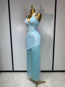 Abito da donna senza maniche, sexy, con scollo a V, con nappe, aderente, elegante, da sera, per feste, di alta qualità, per club, compleanno - Product Image 2