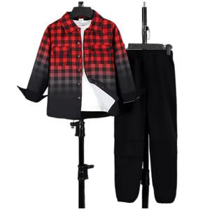 Nouvelle mode de vêtements pour enfants Ensemble chemise en <span class=keywords><strong>treillis</strong></span> rouge dégradé à manches longues <span class=keywords><strong>pantalon</strong></span> pour garçon - Product Image 1