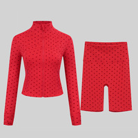 Ensemble de yoga OEM personnalisé pour femme 2026, motif pois, veste zippée à manches longues et short cycliste taille haute, ensemble 2 pièces de sport et d'entraînement