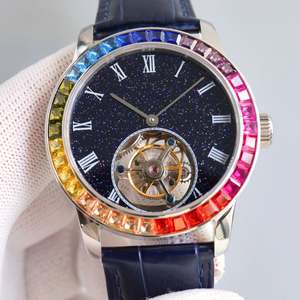 Montre mécanique vintage la plus vendue pour collectionneur, design classique noir avec incrustation de pierres précieuses colorées, véritable tourbillon lumineux - Product Image 1