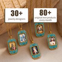 Collana con Pendente in Ottone della Divina Misericordia, Intarsio in Turchese, Rilievo 3D, Icona Cattolica Bifacciale, Gioielli Religiosi Personalizzati Cristiani