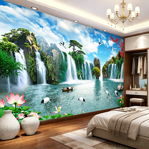 Papel Tapiz 3D Personalizado, Paisaje de Cielo Azul con Cascada, Grullas Blancas, Pinos y Flores de <span class=keywords><strong>Ciruelo</strong></span>, Estilo Chino, Mural para Talleres y Dormitorios - Product Image 3