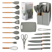 Ensemble de 19 ustensiles de cuisine en silicone avec spatules et accessoires de cuisson à manche en bois