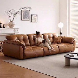 Retro Cloud Shape Genuine Leather <b>Sofa</b> Straight Design Oil Wax Leather Couch With Adjustable Backrest For <b>Small</b> Living Room - Product Image 5