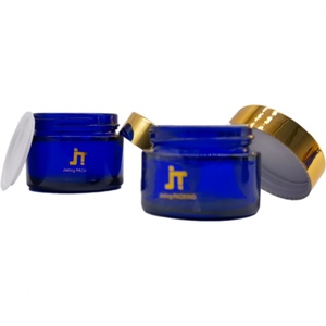 ขวดครีมแก้วใสสีฟ้าขนาด 5 กรัม 30 กรัม 50 กรัม 100 กรัม พร้อมฝาสีทอง  บรรจุภัณฑ์เครื่องสำอางรักษ์โลก  ลดราคา - Product Image 1