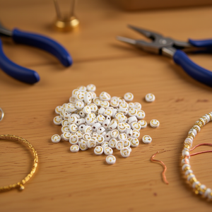 ILAN Abalorios Perline con faccina sorridente bianche con dettagli in oro 4x7mm per la creazione di gioielli - Product Image 3