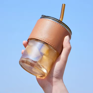 Tazza in Vetro per Caffè 400ml con Rivestimento in Pelle, Bicchiere in Vetro con Coperchio e Cannuccia, Bottiglia per Acqua e Caffè - Product Image 2