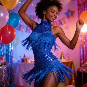 Vestido de Verano de Gasa con Estampado Floral para Baile <span class=keywords><strong>Cha</strong></span> <span class=keywords><strong>Cha</strong></span>, Cuello Alto, Borlas, Elegante, Ajustado, Corte Recto, Bordado, <span class=keywords><strong>Mini</strong></span>, con Diamantes Brillantes - Product Image 5