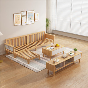 Sofá en forma de L de madera maciza con almacenamiento, color madera natural, para sala de estar, uso doméstico. - Product Image 4