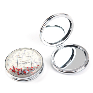 Miroir compact à paillettes flottantes avec motif floral « Just Love Flowers », cadre chromé argenté, miroir double face - Product Image 4