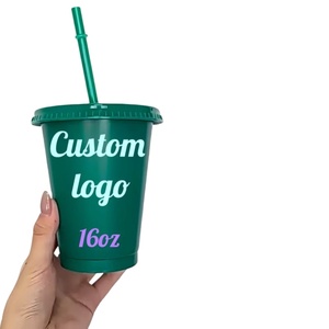 Gobelet en plastique réutilisable personnalisable avec logo, 16 oz, simple paroi, avec couvercle et paille, idéal pour les fêtes à la piscine, mariages, anniversaires, gobelets à boissons - Product Image 1