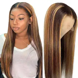 MODERN SHOW Highlight Brown Colored Human Hair Wigs Ombre Straight Lace Front Wig Highlight Human Hair Wigs