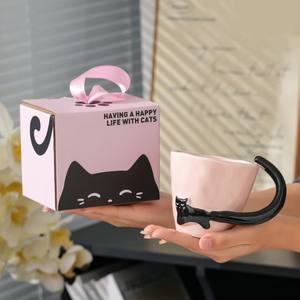 Tasse à petit-déjeuner créative et mignonne, tasse en céramique personnalisée et simple avec un chat noir comme souvenir, tasse à boire mignonne et amusante - Product Image 4