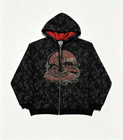 Hoodie Zipper Heavyweight Vintage Wash dengan Cetakan Totem Ular, Gaya Streetwear Distressed, Pola Menyeluruh, Pakaian Merek Fashion Pria