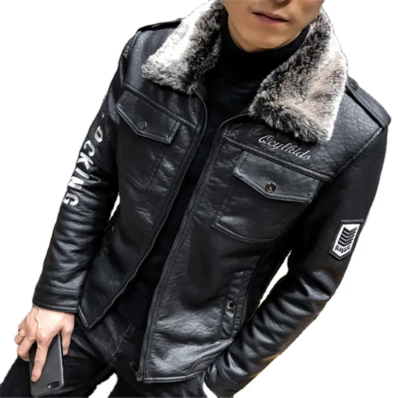 เสื้อโค้ทขนสัตว์มอเตอร์แบบหนาสำหรับผู้ชาย,เสื้อแจ็คเก็ตหนัง Pu ผู้ชายมีขนสีดำจริงฤดูหนาว