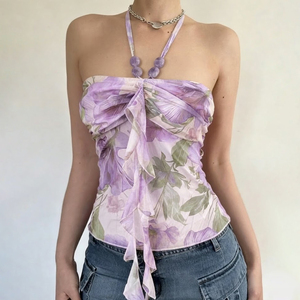 Top Cami Femme Col Halter à Nouer sur le Devant, Style Vacances, Motif Floral Romantique Vintage en Dentelle Tricotée avec Rubans - Product Image 1