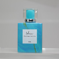 Botella de Perfume de Vidrio de 50 ml con Cabezal Pulverizador, Decoración Personalizada, Venta Caliente, Precio Bajo, Transferencia de Calor al Vacío, Efecto Marmoleado Azul Cielo