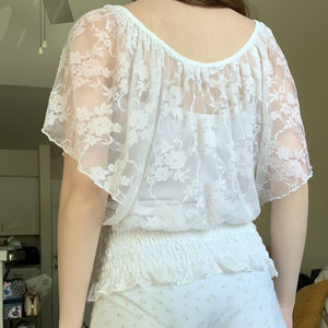 Camiseta Casual de Manga Corta con Encaje Sexy para Chicas Jóvenes, Cuello Redondo, Parches de Encaje Transparente, Cintura Fruncida, Top Elegante y Encantador - Product Image 6