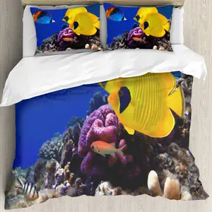 Fish Ocean 3D Printed Underwater World Bedding Sets with Goldfish Coral Reef Pattern Quilt Cover 3 Pc