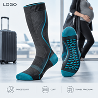 Chaussettes de compression graduées pour mollets, avec tableau de mesure, manchette plus large, bout plat, couleur anthracite turquoise, densité tricotée, entretien et soin.